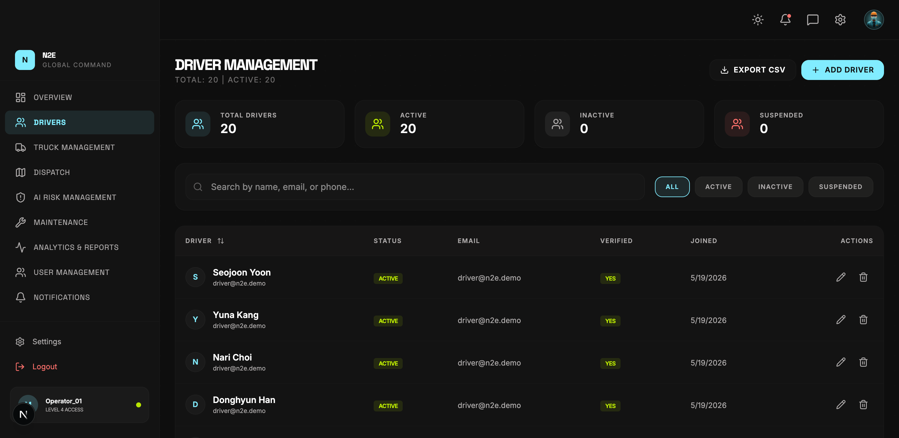 Drivers page