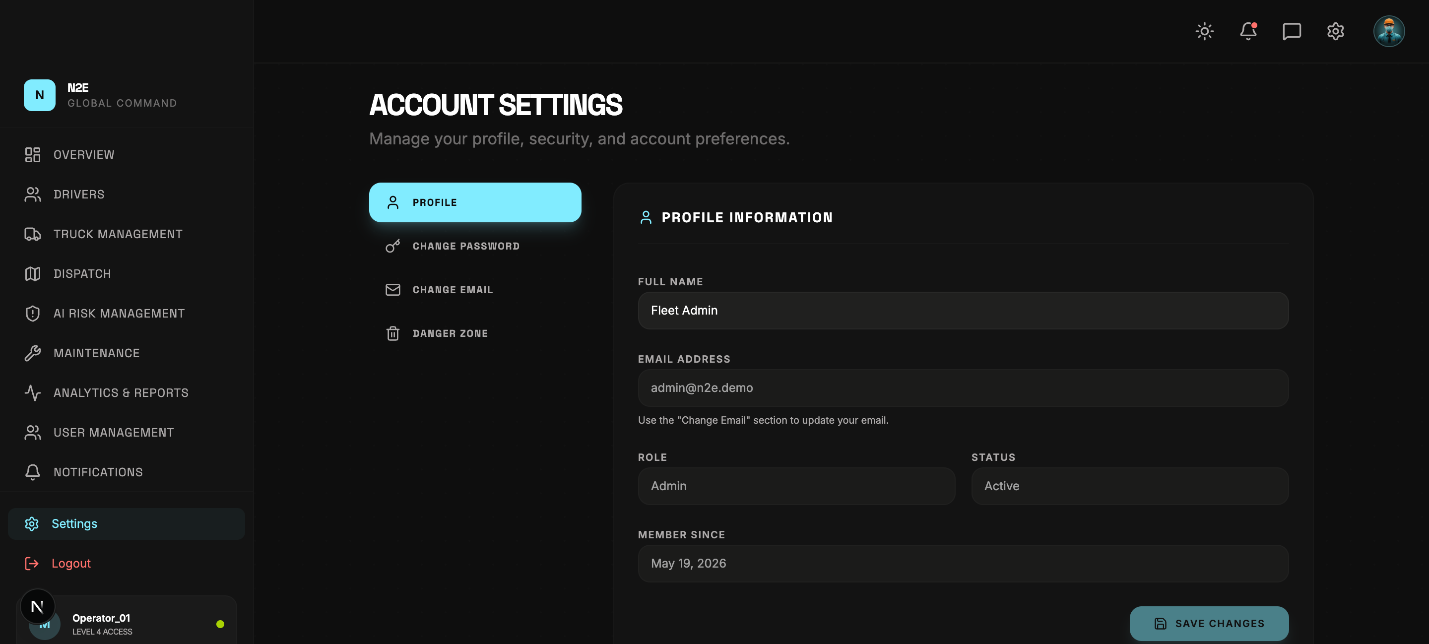 Account settings page