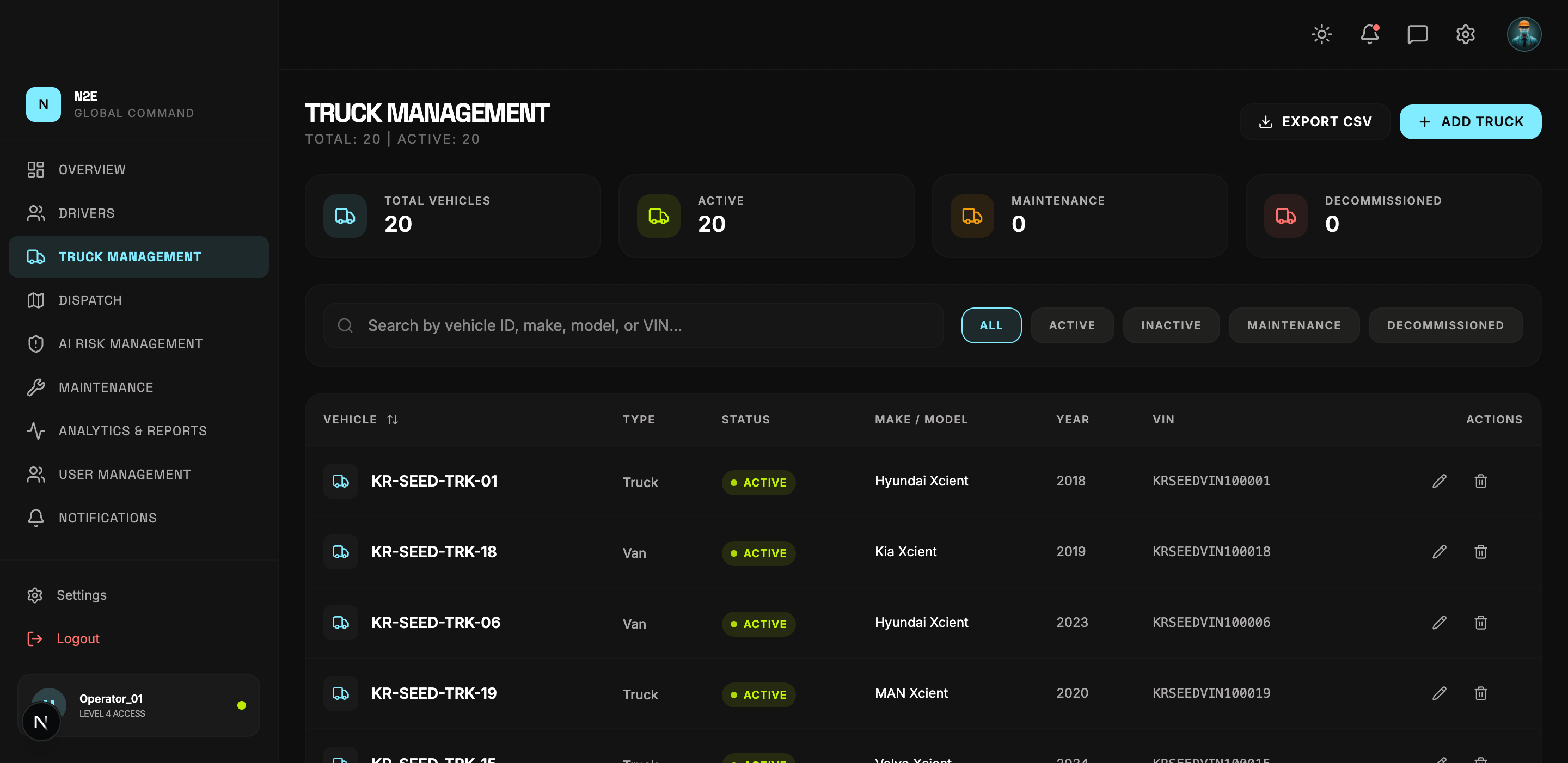 Truck management page